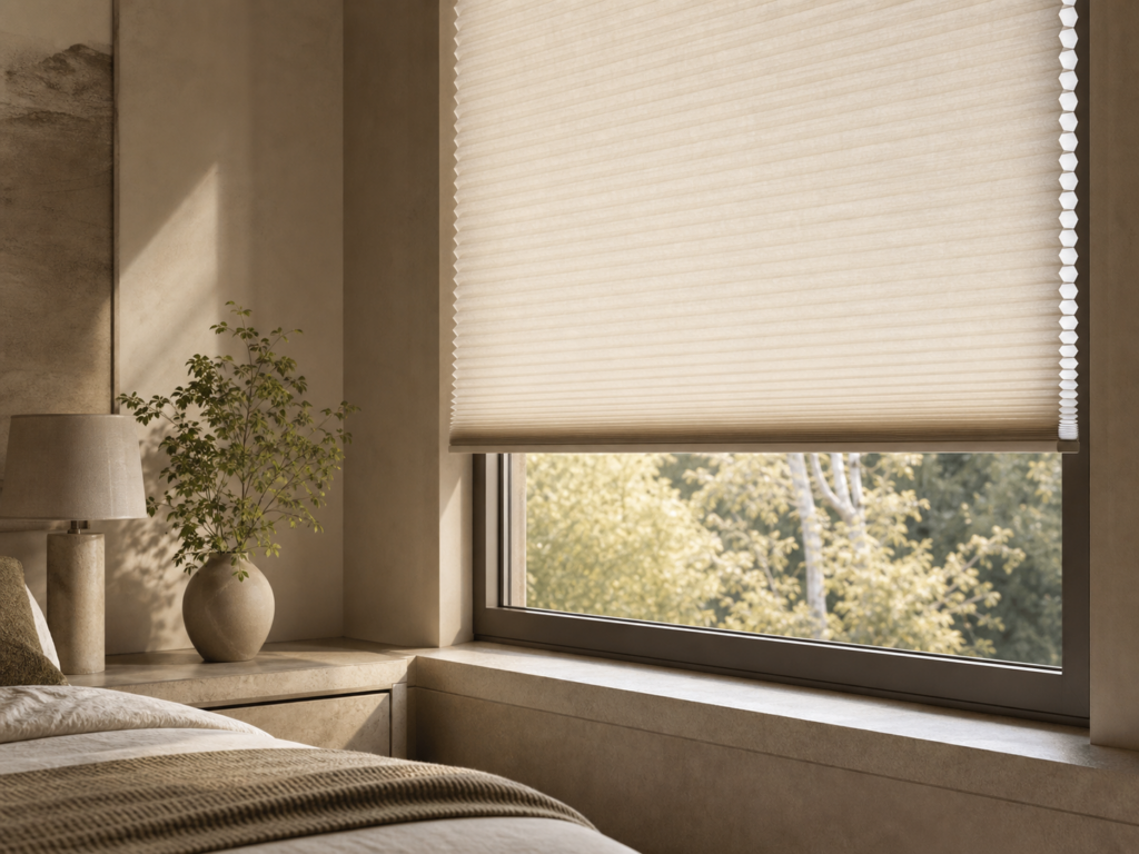 Light-filtering cellular shade above a bedroom window