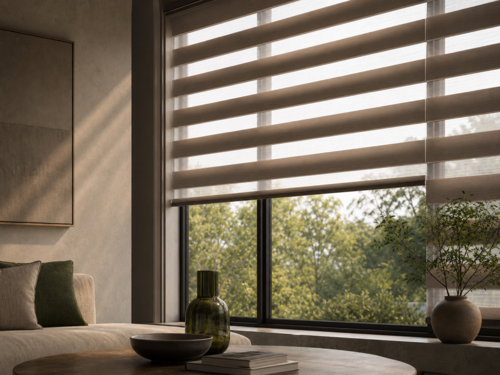 Layered zebra shade partially open over a living room window