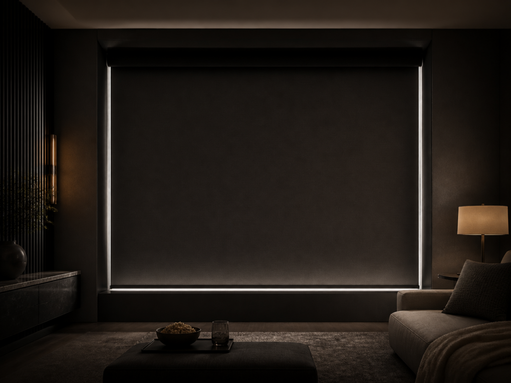 Blackout roller shade fully lowered in a dark bedroom