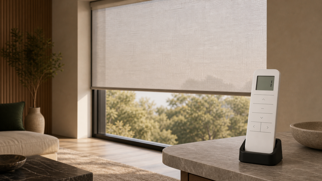 Motorized roller shade with handheld remote on a charging dock