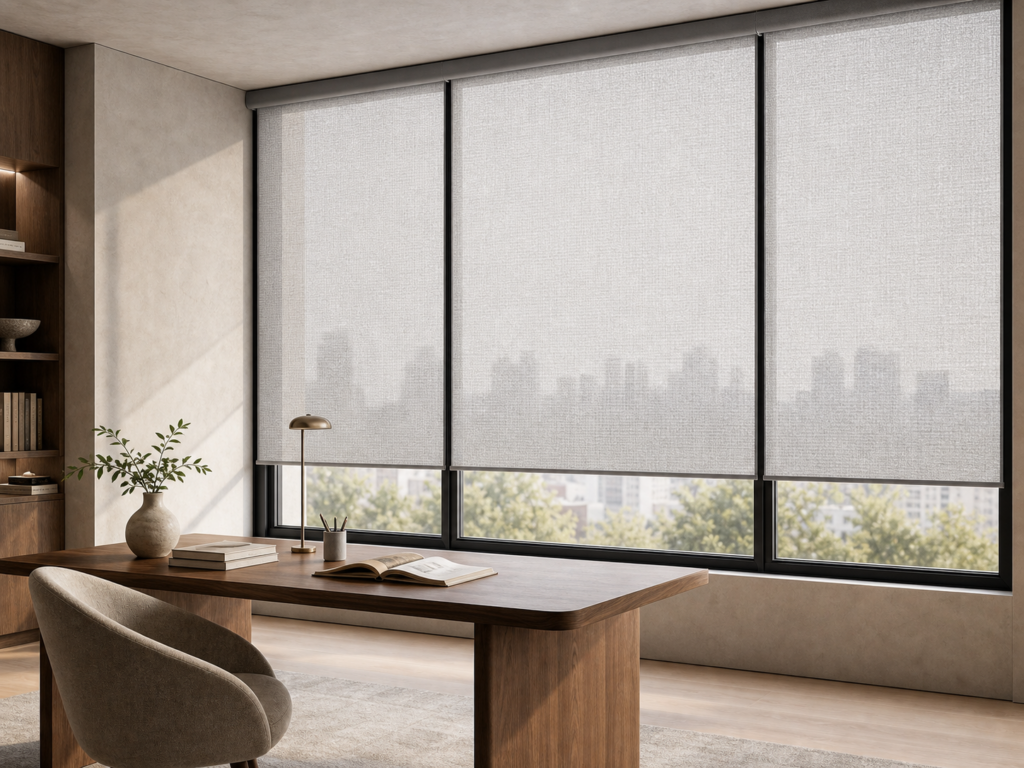 Solar roller shades across large office windows