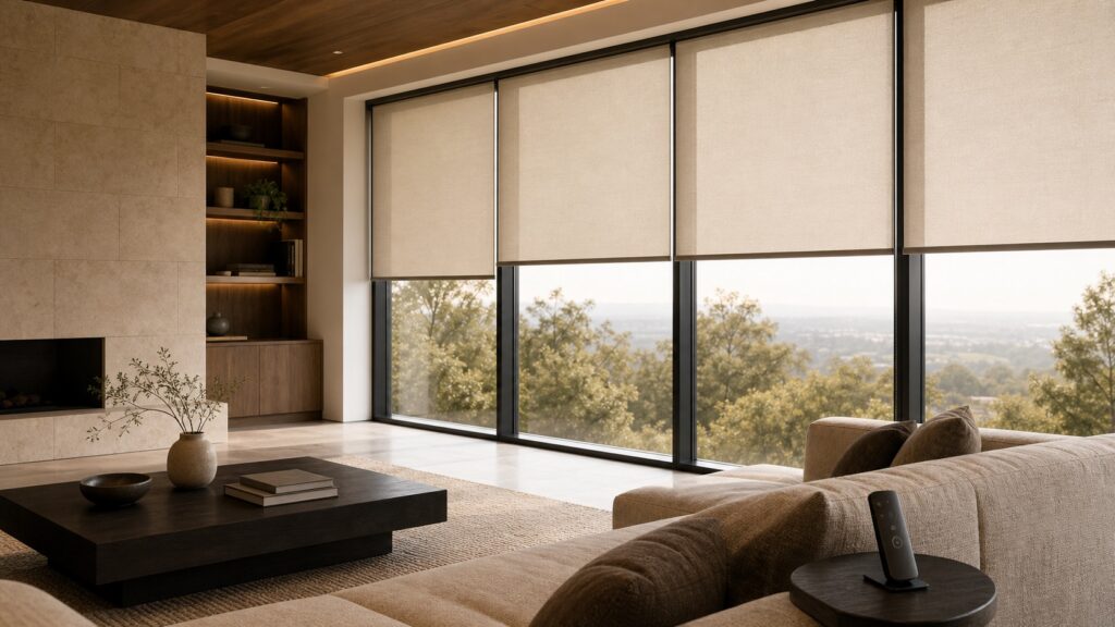 Modern living room with coordinated solar roller shades